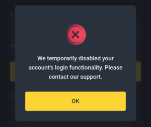 Screenshot Binance-Alert: "we temporarily disabled your account's login functionality. Please contact our support."