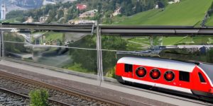 KI-Rendering eines Zuges in der Schweiz mit HAL-9000-Augen als Seitenfenster
