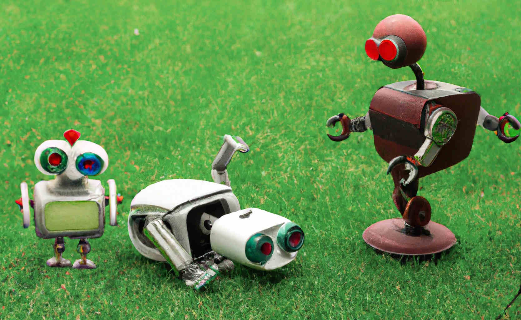 Drei unterschiedliche Roboter auf einer Wiese. Generiert von DALL-E 2