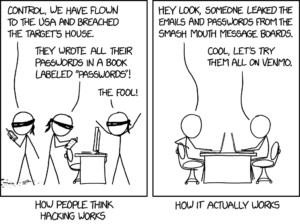 A comic strip by xkcd on hacking.