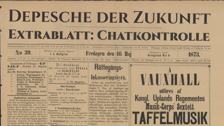 Titelblatt einer alten Zeitung, auf welche der Titel "Depesche der Zukunft" mit Untertitel "Extrablatt: Chatkontrolle" montiert wurde