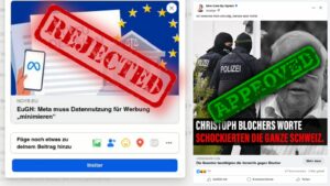 Collage zweier Facebook-Posts: Der fehlgeschlagene Versuch, den noyb-Link zu posten links unter einem "Rejected"-Stempel-Overlay; rechts ein von Facebook ausgespielter Werbe-Scam, unter einem "Approved"-Stempel-Overlay