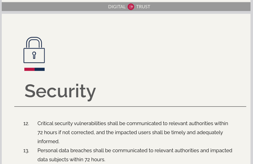 Screenshot aus dem erwähnten Dokument:

Security

12. Critical security vulnerabilities shall be communicated to relevant authorities within 72 hours if not corrected, and the impacted users shall be timely and adequately informed.

13. Personal data breaches shall be communicated to relevant authorities and impacted data subjects within 72 hours.