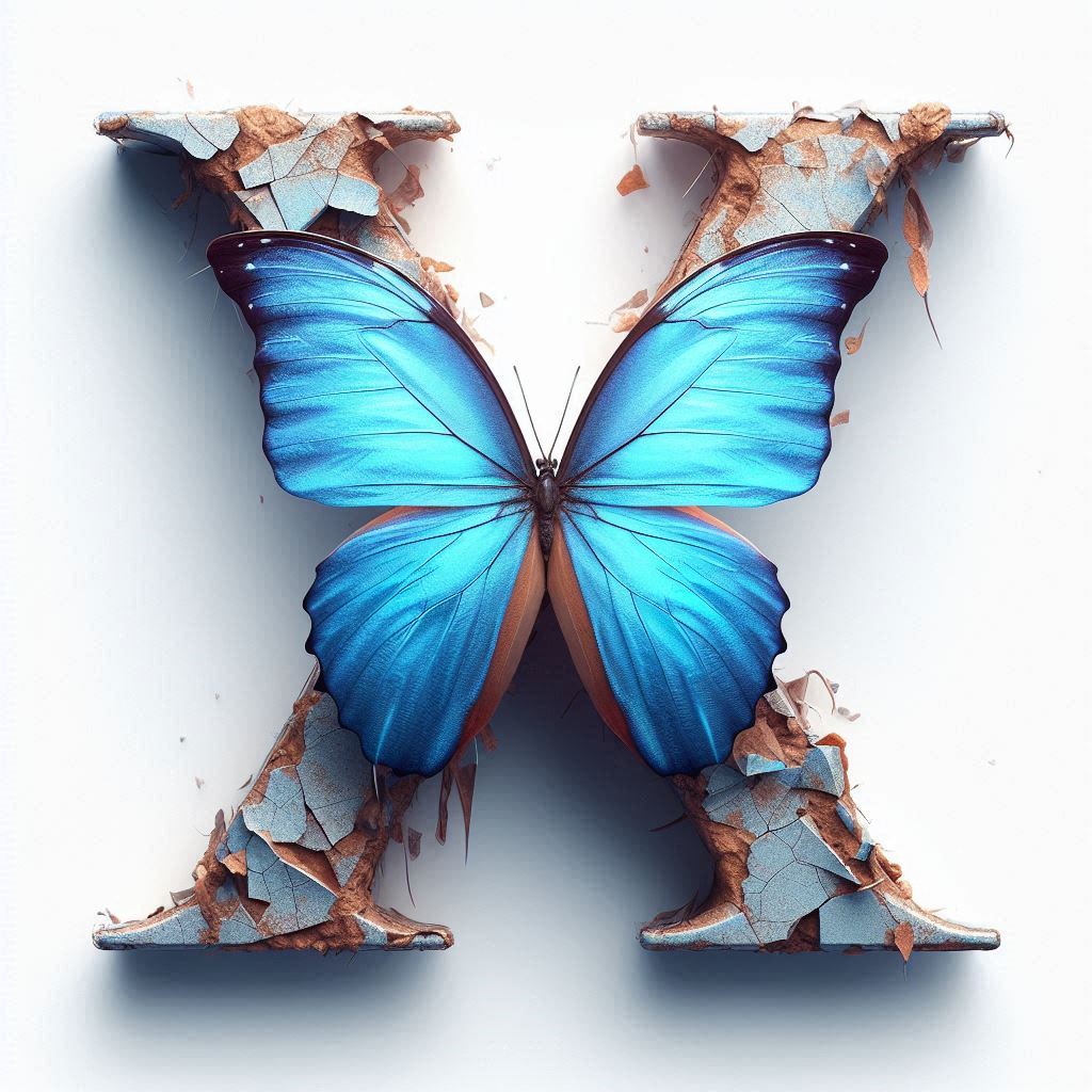 a blue butterfly hovering over a ragged and broken X letter