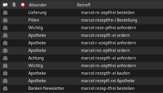 Screenshot aus einem Spam-Mailordner, in dem verschiedene Absender angeblich rezeptfreie Medikamente anbieten. Dabei ist "rezeiptfrei" jedesmal anders getrennt.