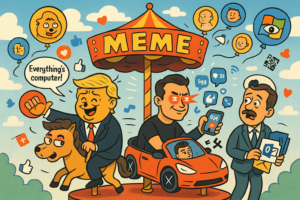Cartoon / Illustration mit Musk, Trump und einem EU-Politiker