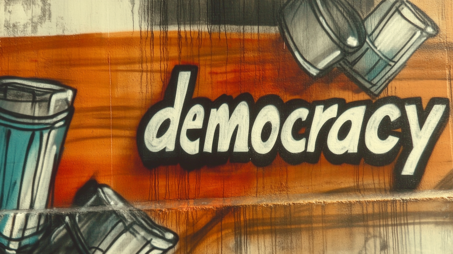 Graffiti mit dem Wort "Demokratie" an der Wand.