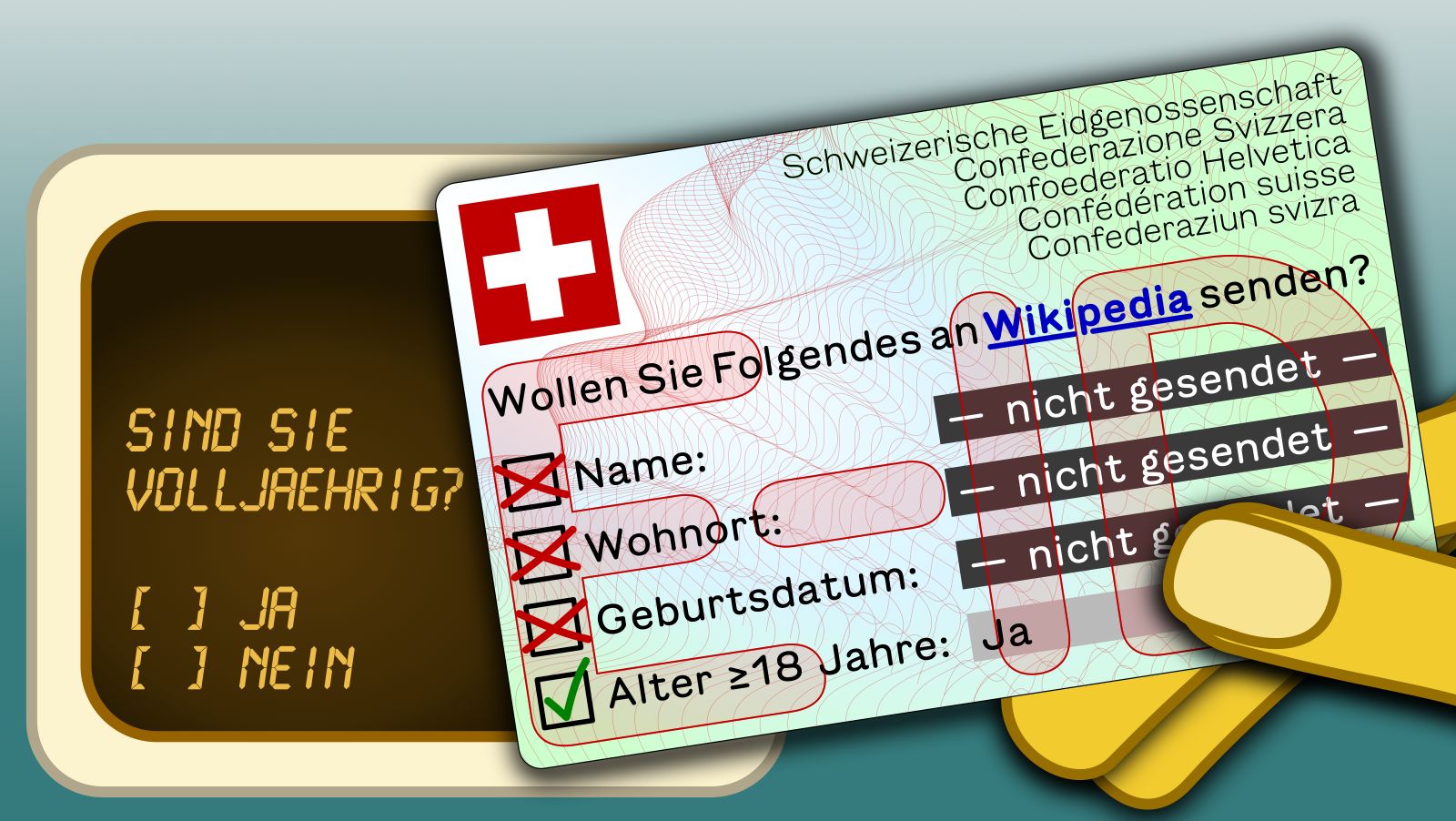 Nachgestellte physische E-ID, welche zur Altersverifikation genutzt wird. (Nachgestellt deshalb, weil es die E-ID ja eben nicht physisch gibt.)