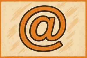 Stilisierte Illustration eines orangefarbenen @-Zeichens auf beigem Hintergrund mit grober Textur und oranger Umrandung.