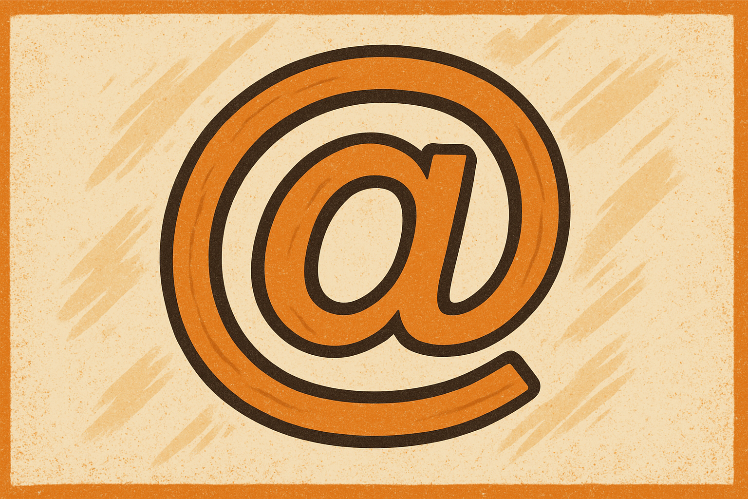 Stilisierte Illustration eines orangefarbenen @-Zeichens auf beigem Hintergrund mit grober Textur und oranger Umrandung.