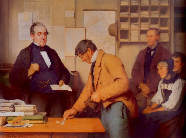 Ölgemälde mit einem Mann, der wenige Münzen auf den Tisch legt, für einen reichen und bedeutenden Mann