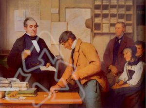 Ölgemälde mit einem Mann, der wenige Münzen auf den Tisch legt, für einen reichen und bedeutenden Mann. Überlagert von einem Recycling-Symbol