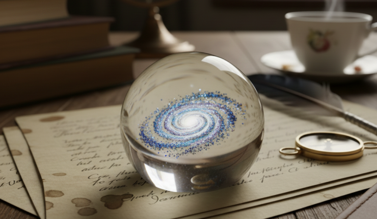Eine Glaskugel mit einer wirbelnden, glitzernden Galaxie liegt auf altmodischen handgeschriebenen Briefen, umgeben von einer antiken Feder, einer Taschenuhr und einer dampfenden Teetasse. Die Szene vermittelt eine Mischung aus Magie und Nostalgie, mit warmem Licht, das weiche Reflexionen über die Umgebung wirft.