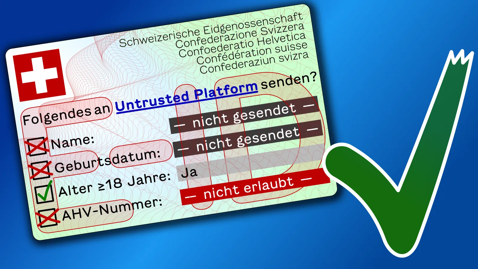 Eine Identitätskarte mit einem Schweizerkreuz, daneben ein grünes Häkchen