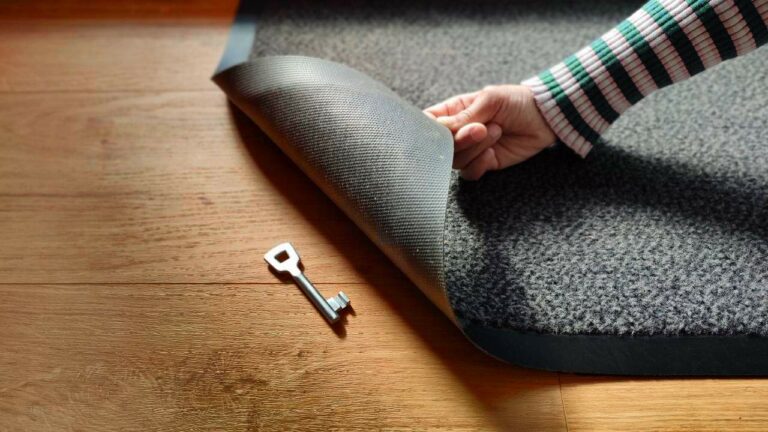 Eine Teppichecke wird von einem Arm hochgehoben. Darunter befindet sich ein Schlüssel.