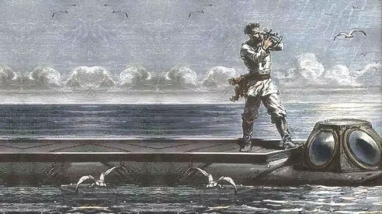 Kapitän Nemo mit Sextant auf der aufgetauchten Nautilus