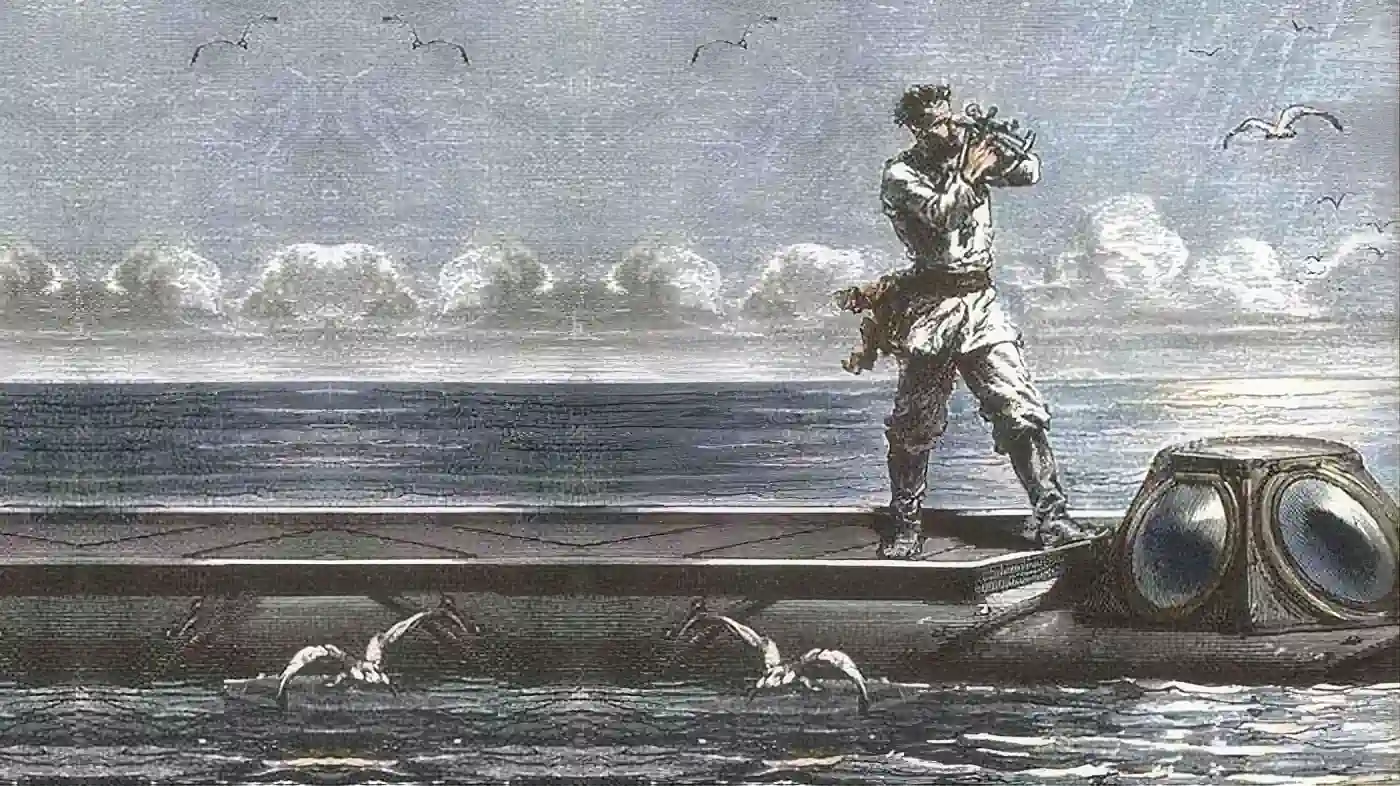Kapitän Nemo mit Sextant auf der aufgetauchten Nautilus