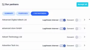 Cookie-Dialog einer Webseite mit "1748 Partnern" und vielen "legitimen Interessen"